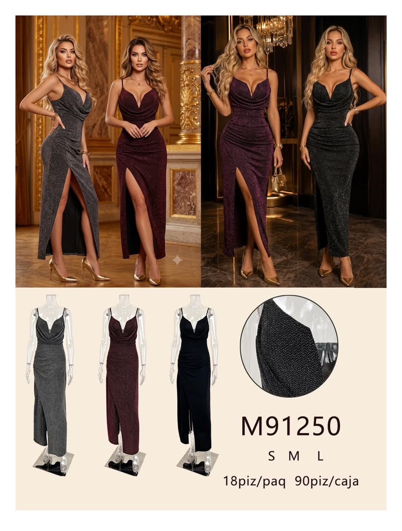 Vestido largo con abertura y cuello drapeado-M91250
