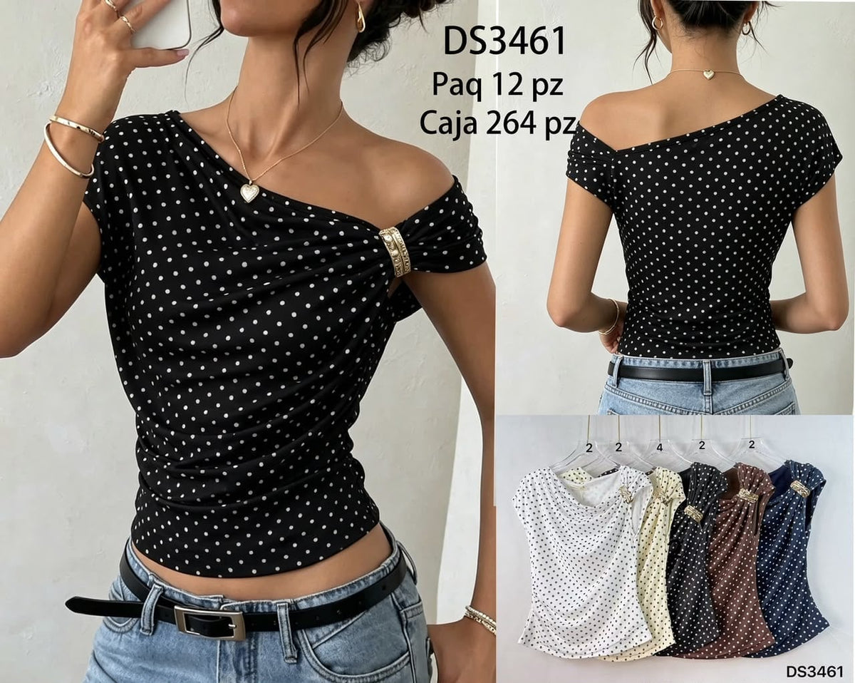 Blusa con detalle en hombro y estampado de puntos-DS3461