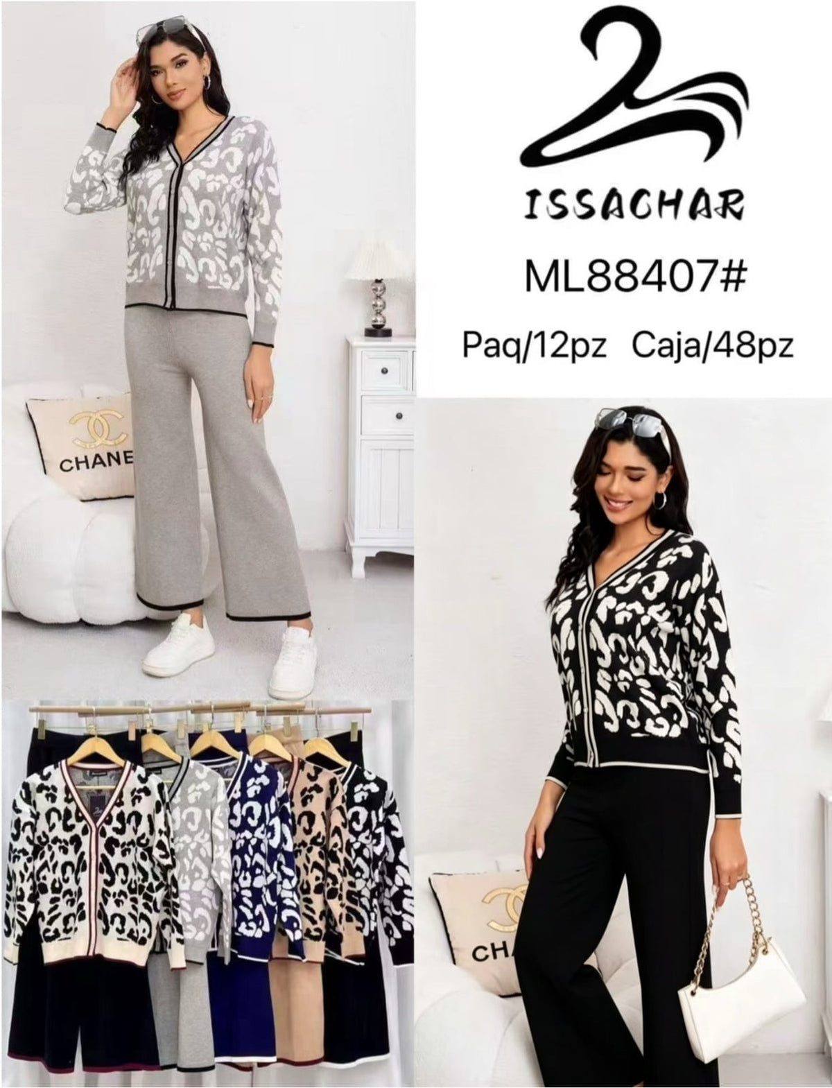 Conjunto de cárdigan y pantalón estampado-ML88407#