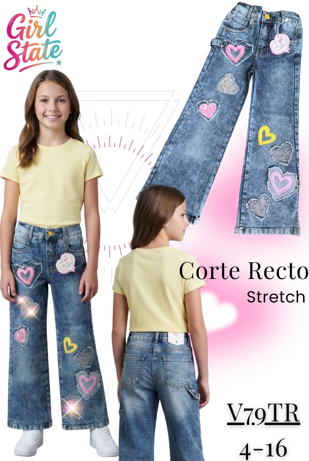Jeans corte recto stretch con parches de corazón-V79TR