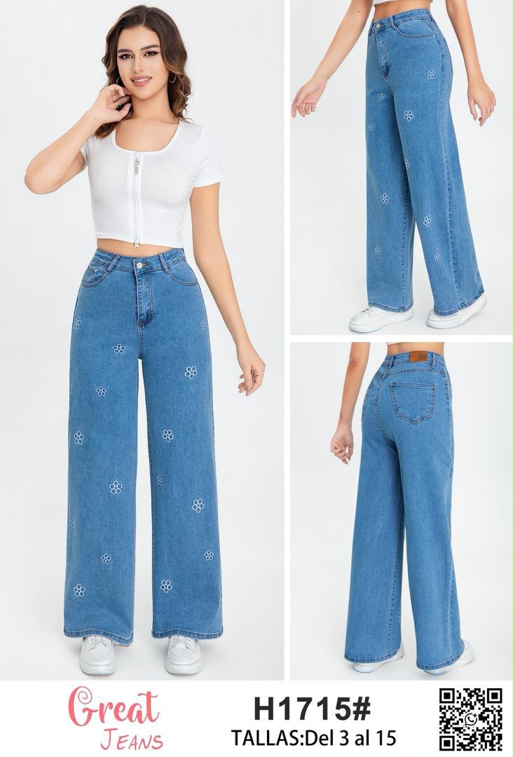Jeans corte recto con estampado de flores-H1715