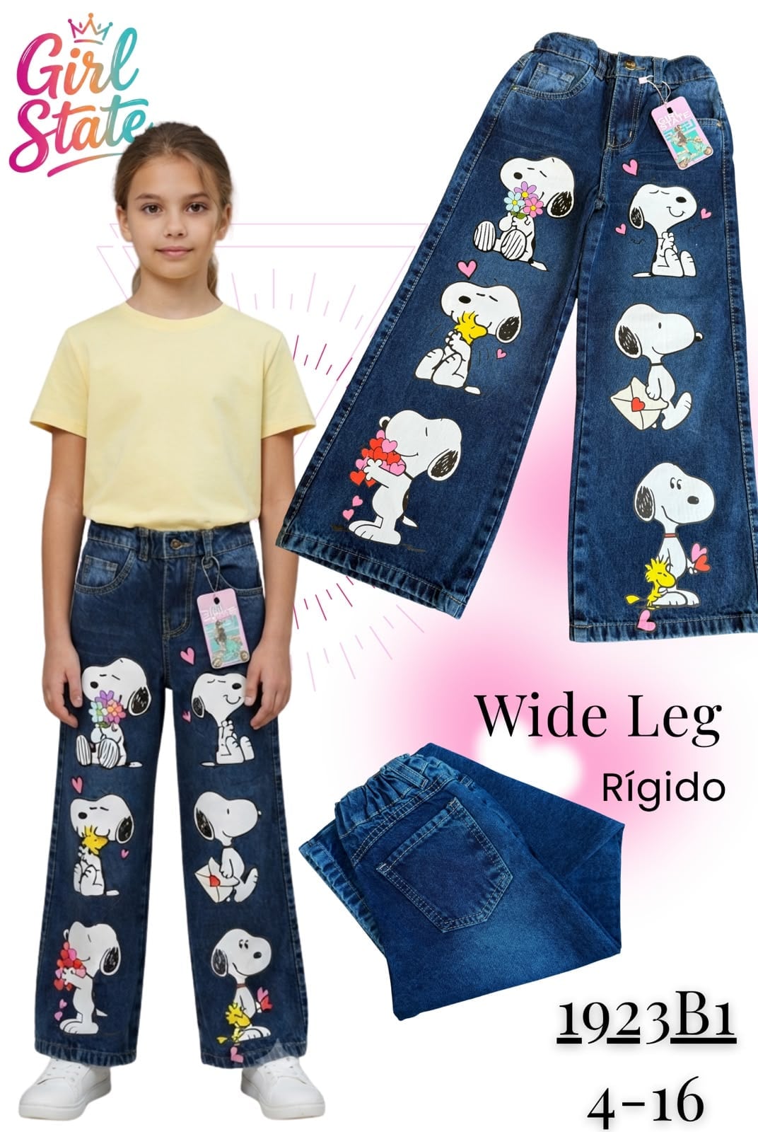 Jeans Wide Leg rígido estampado Snoopy-1923B1