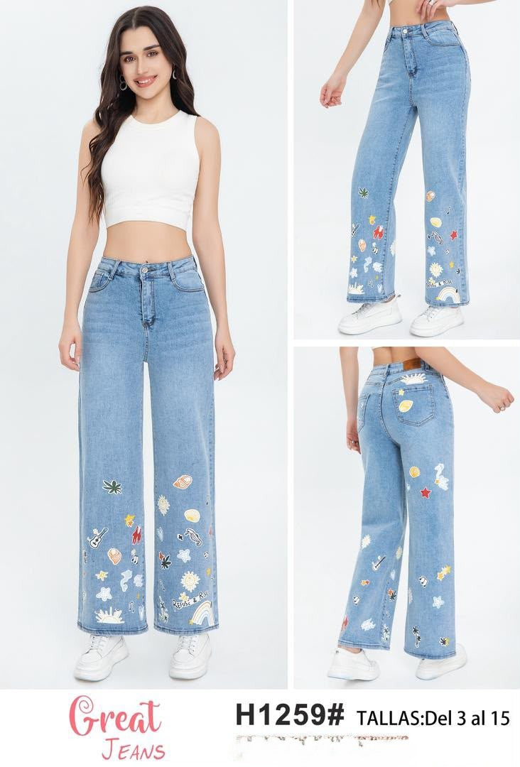 Jeans rectos con parches bordados-H1259