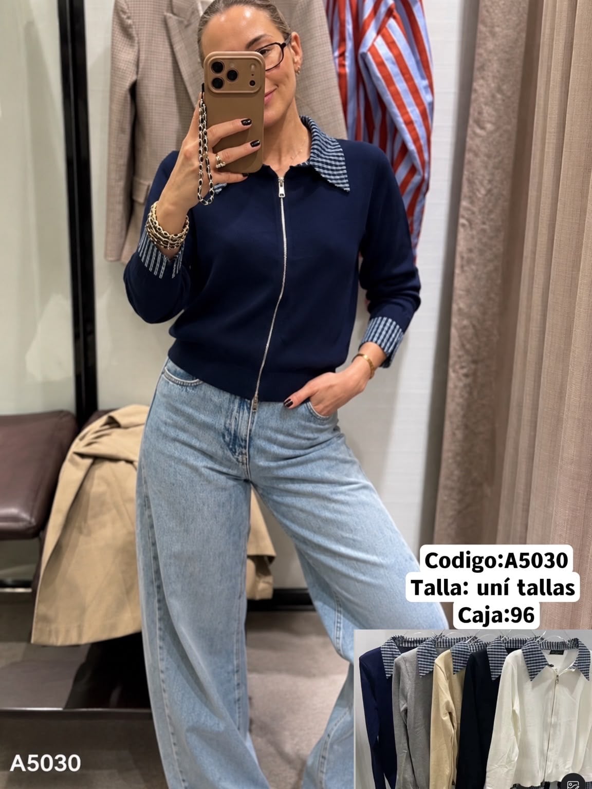 Cárdigan con cierre y cuello de contraste-A5030