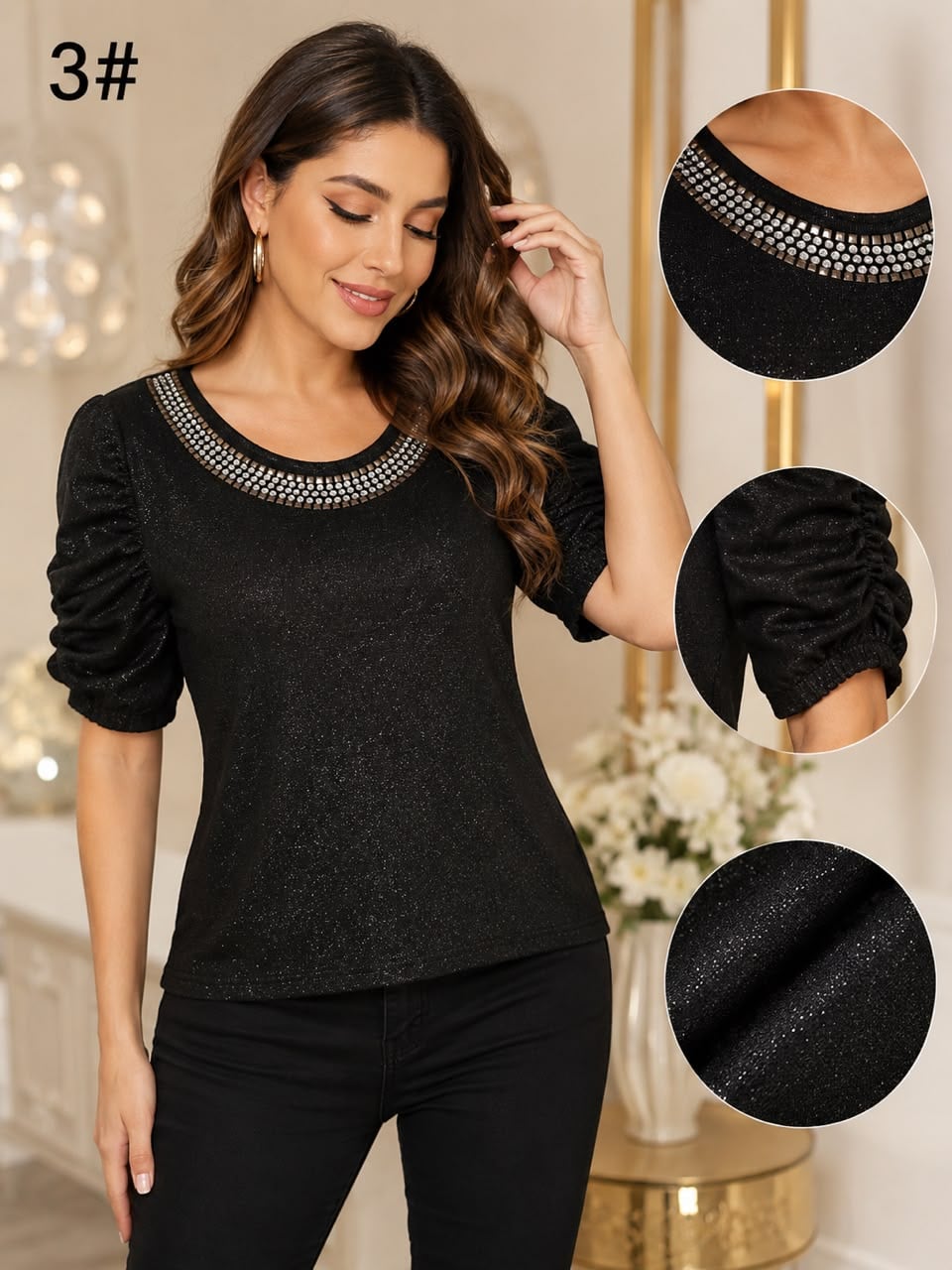 Blusa de manga corta con cuello decorado y mangas abullonadas-3#