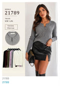 Blusa acanalada tipo Henley de manga larga-21789