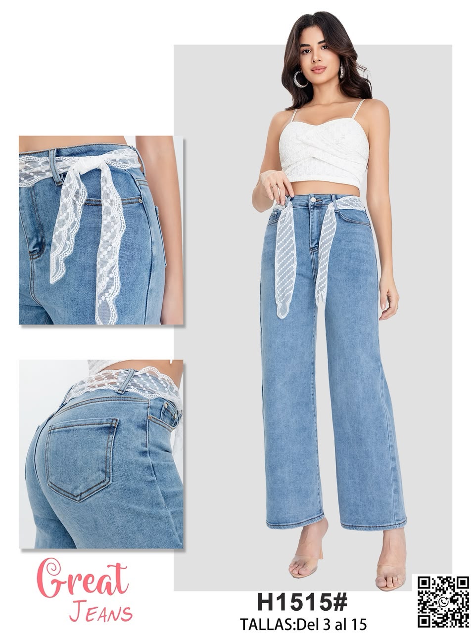Jeans con detalle de encaje en cintura-H1515#