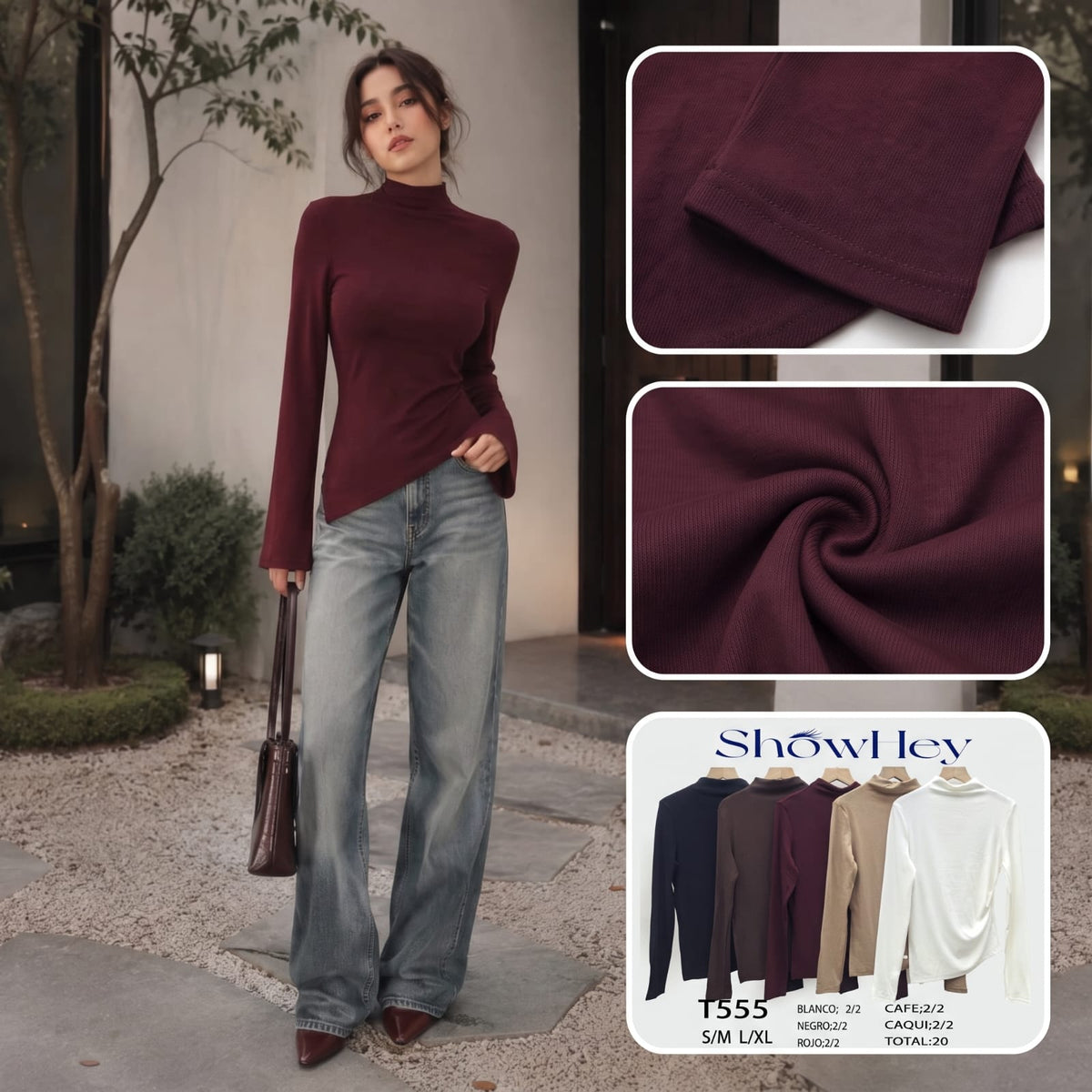 Blusa de cuello alto manga larga-T555