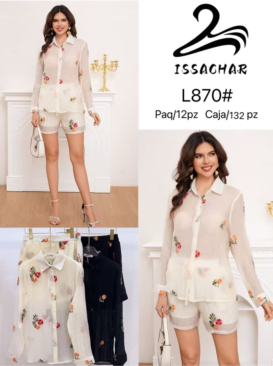 Conjunto de camisa y short con bordado floral-L870#