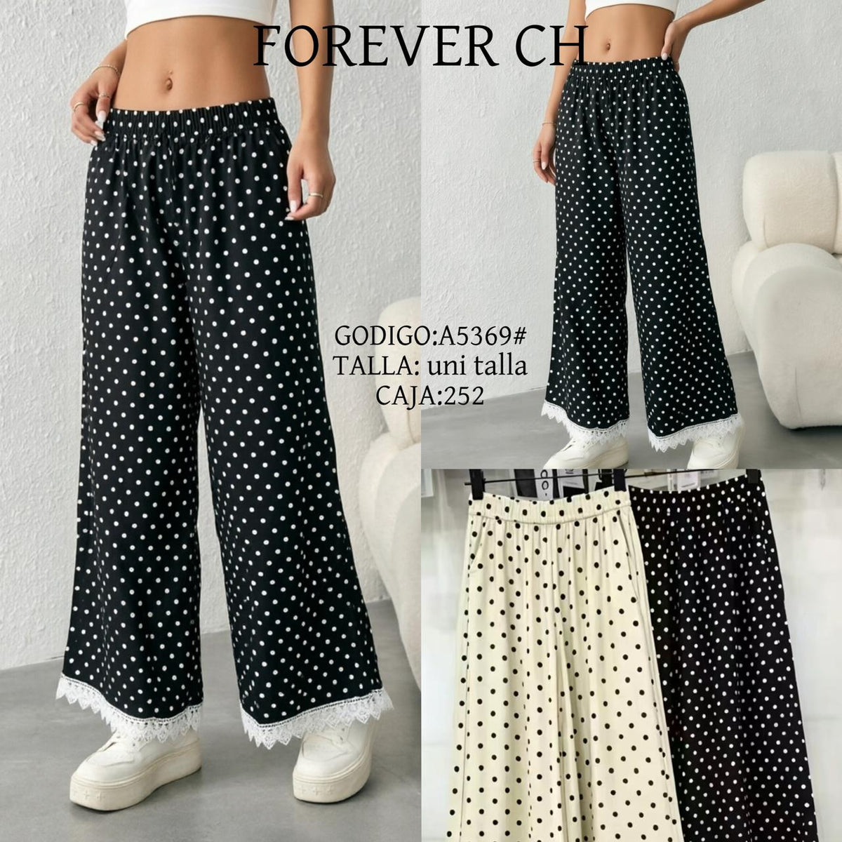 Pantalones con estampado de puntos y detalle de encaje-A5369#