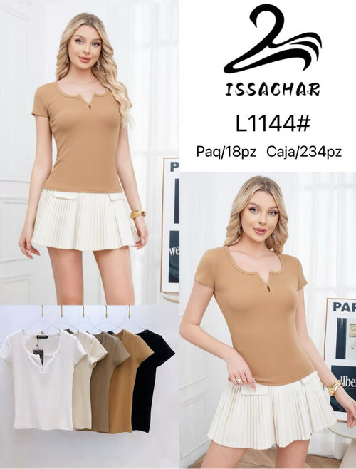 Blusa con abertura en cuello-L1144#