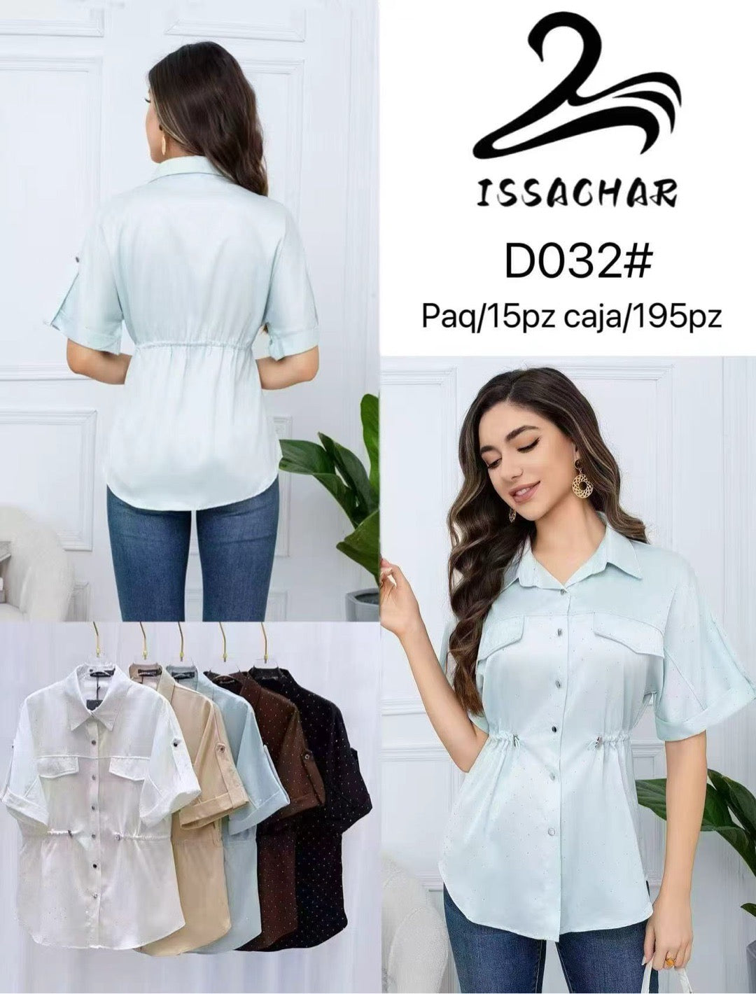 Blusa con ajuste en cintura y bolsillos-D032#
