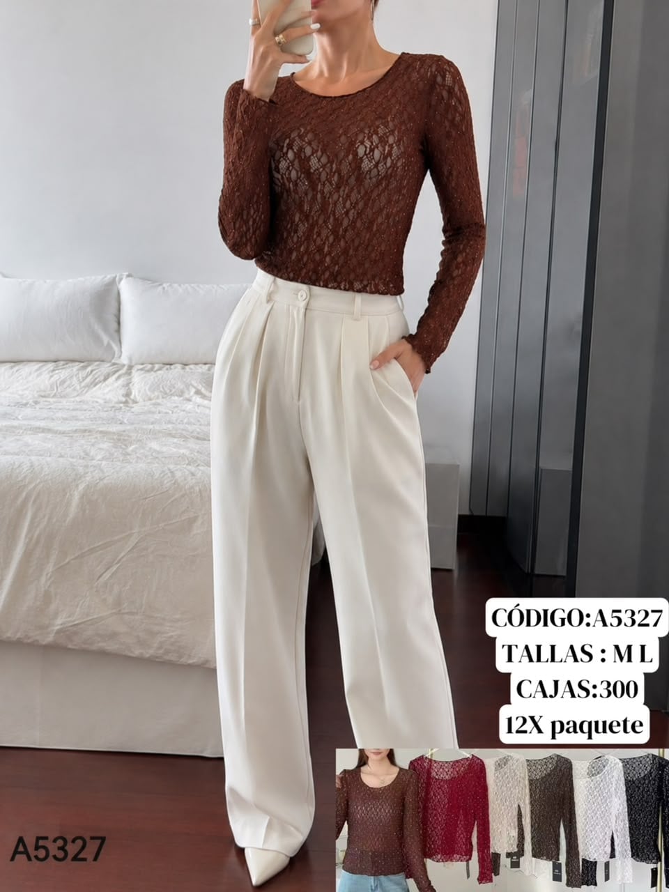 Blusa de encaje de manga larga-A5327