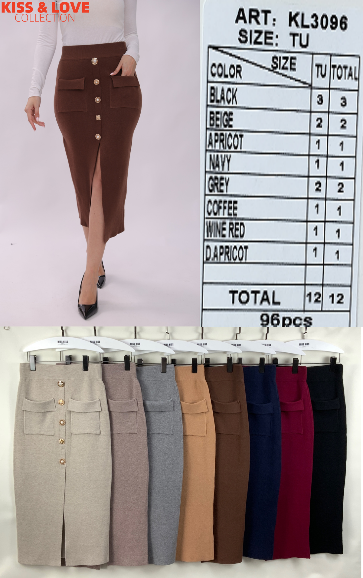 Falda midi con botones y bolsillos-KL3096