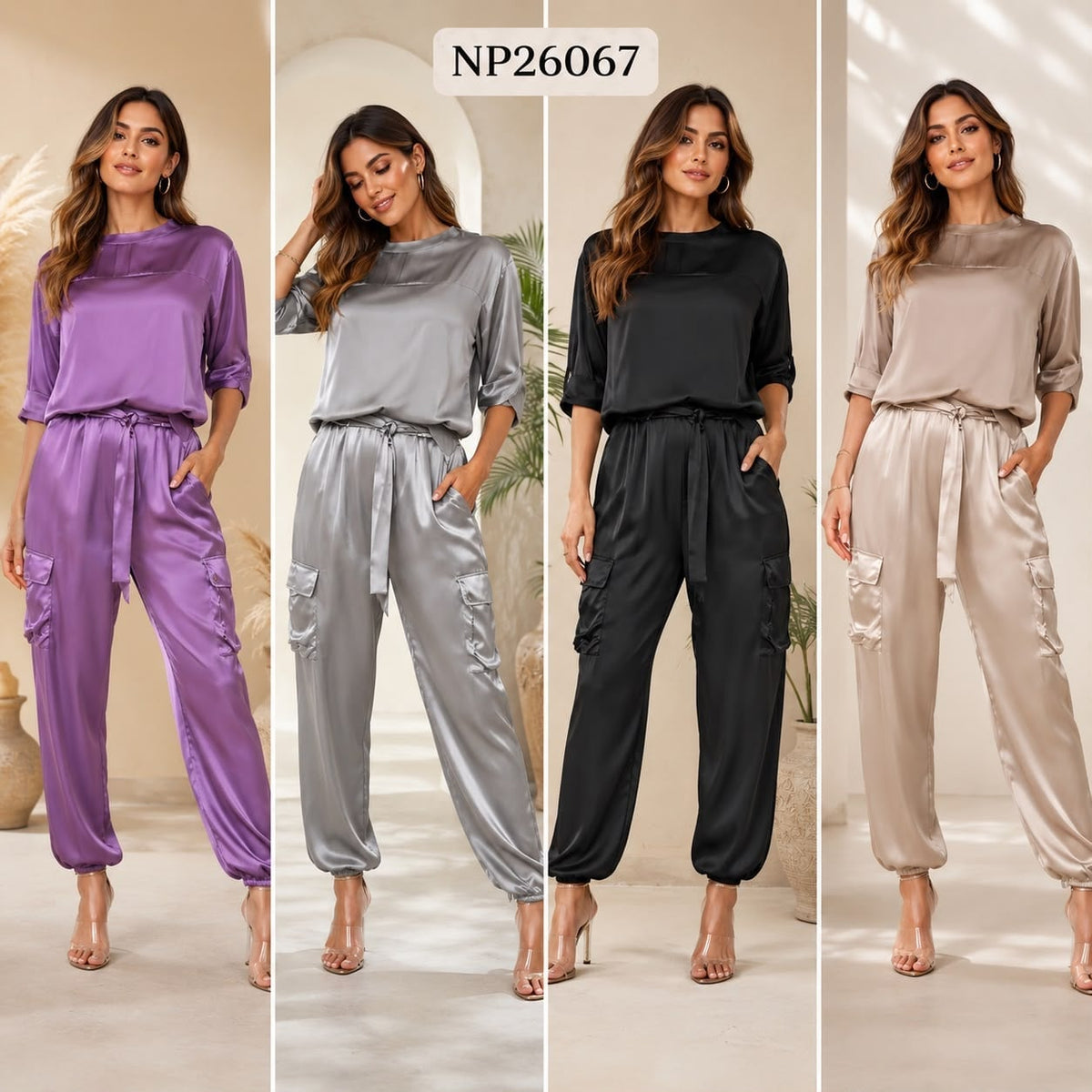 Conjunto de satén con blusa y pantalón tipo cargo-NP26067