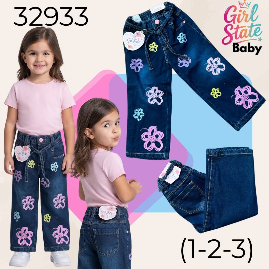 Pantalón de mezclilla con estampado de flores-32933