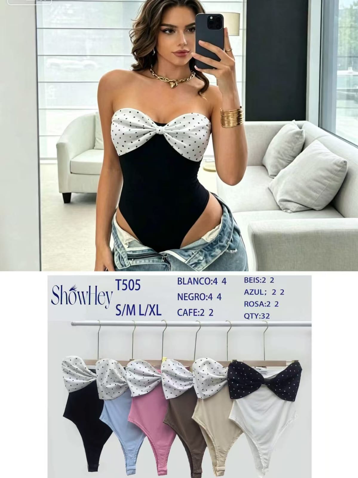 Body con lazo y estampado de puntos-T505