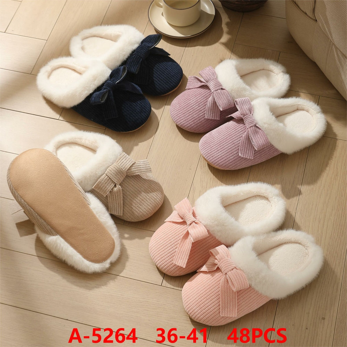 Pantuflas de casa con lazo y forro de peluche-A-5264