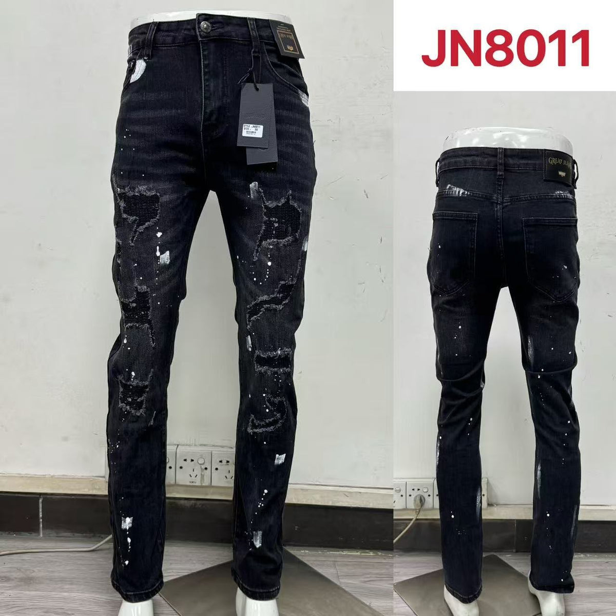Jeans con efecto de pintura y rasgaduras-JN8011