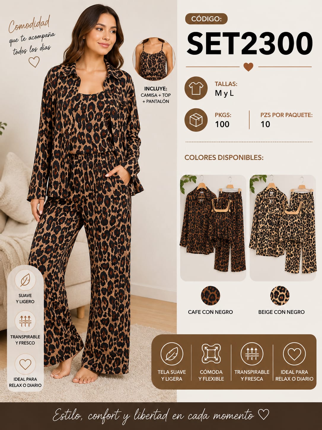 Conjunto de camisa, top y pantalón estampado-SET2300