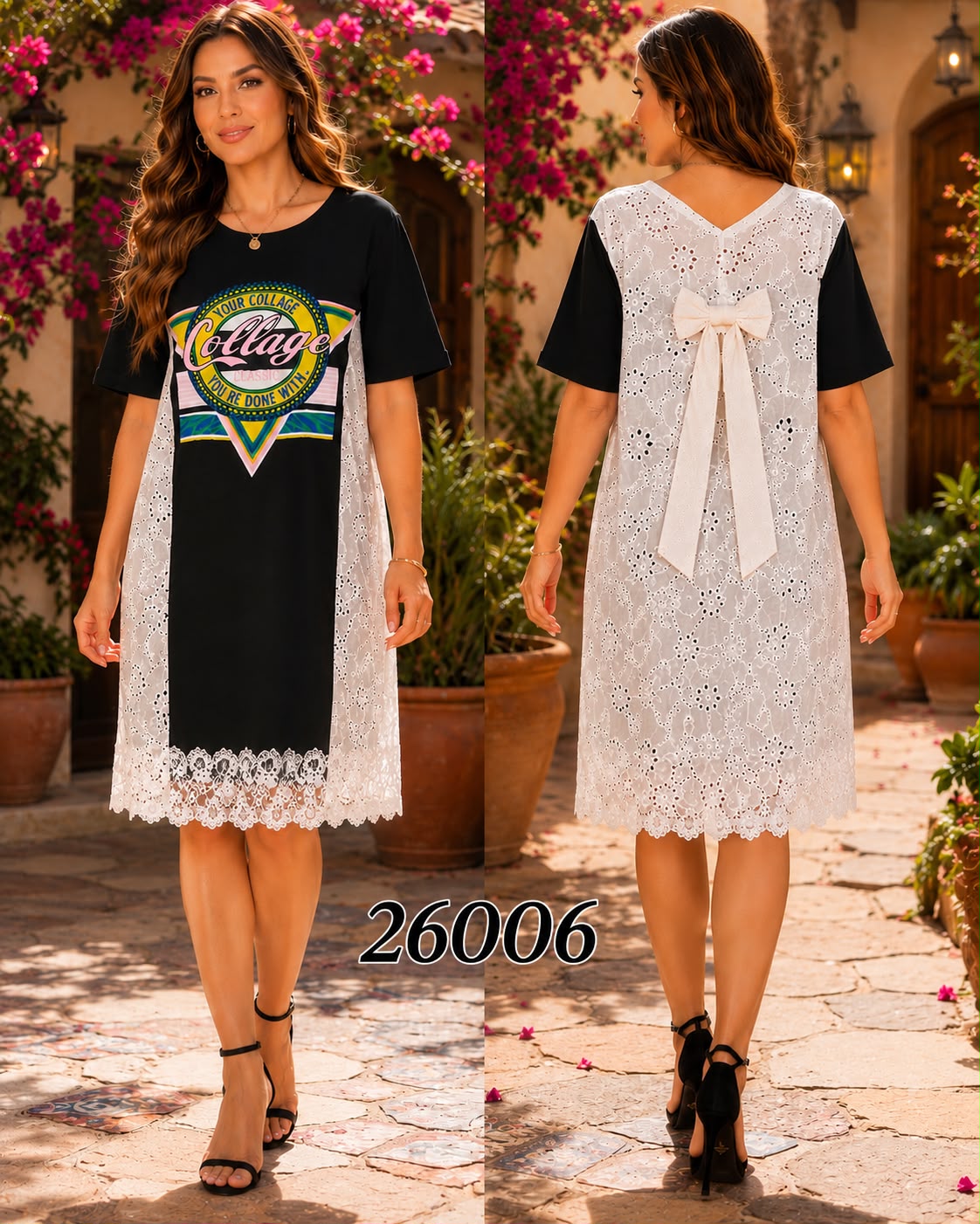 Vestido con paneles de encaje y lazo posterior-26006