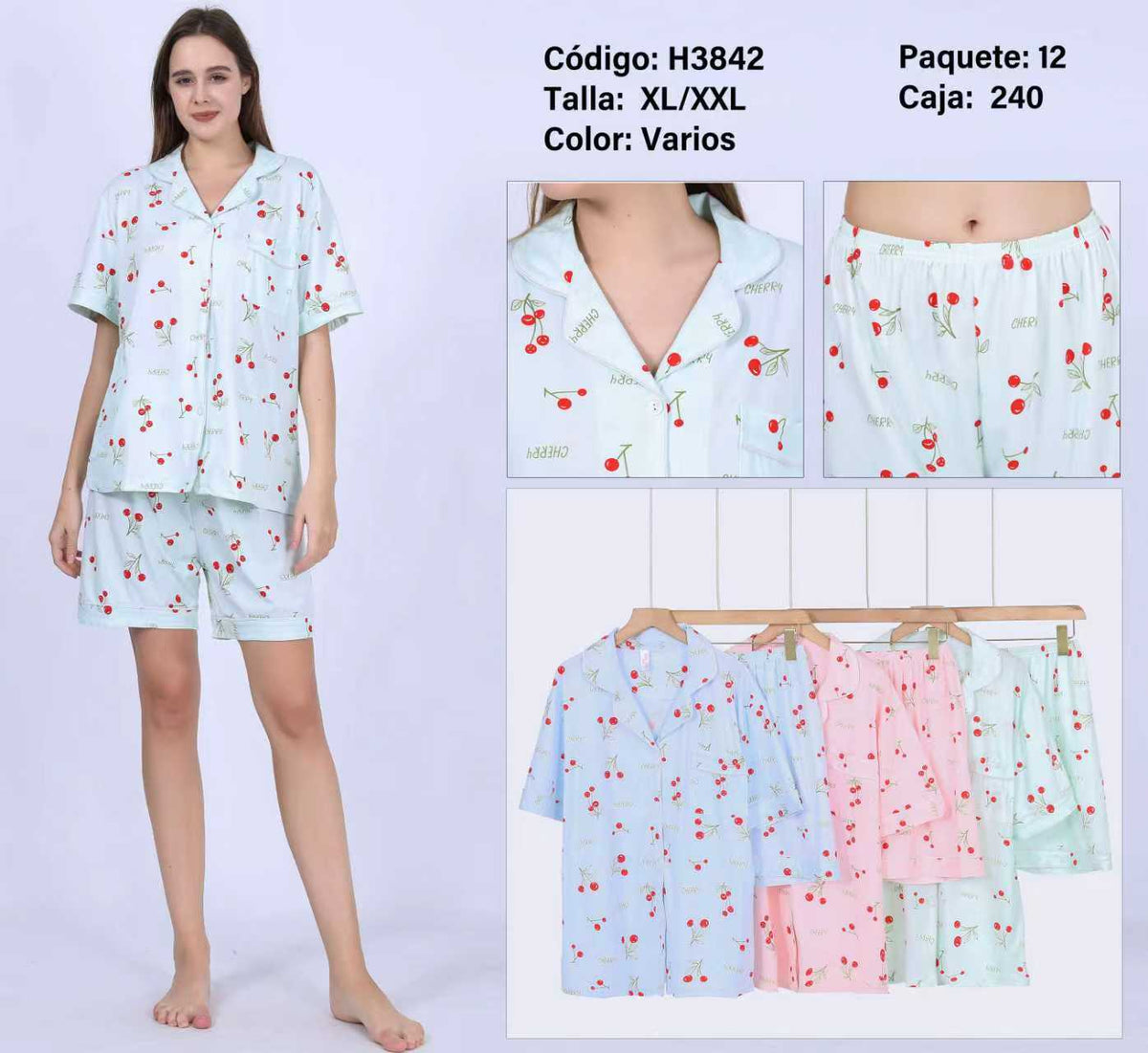 Pijama de short y top con estampado de cerezas-H3842