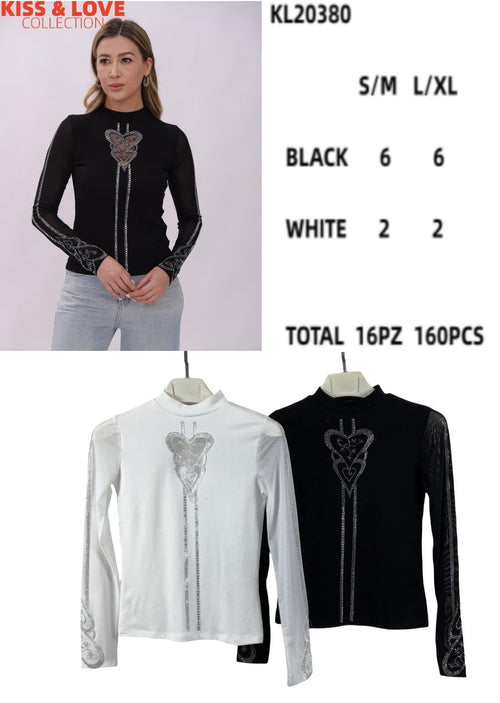 Blusa con estampado de corazón y piedras-KL20380
