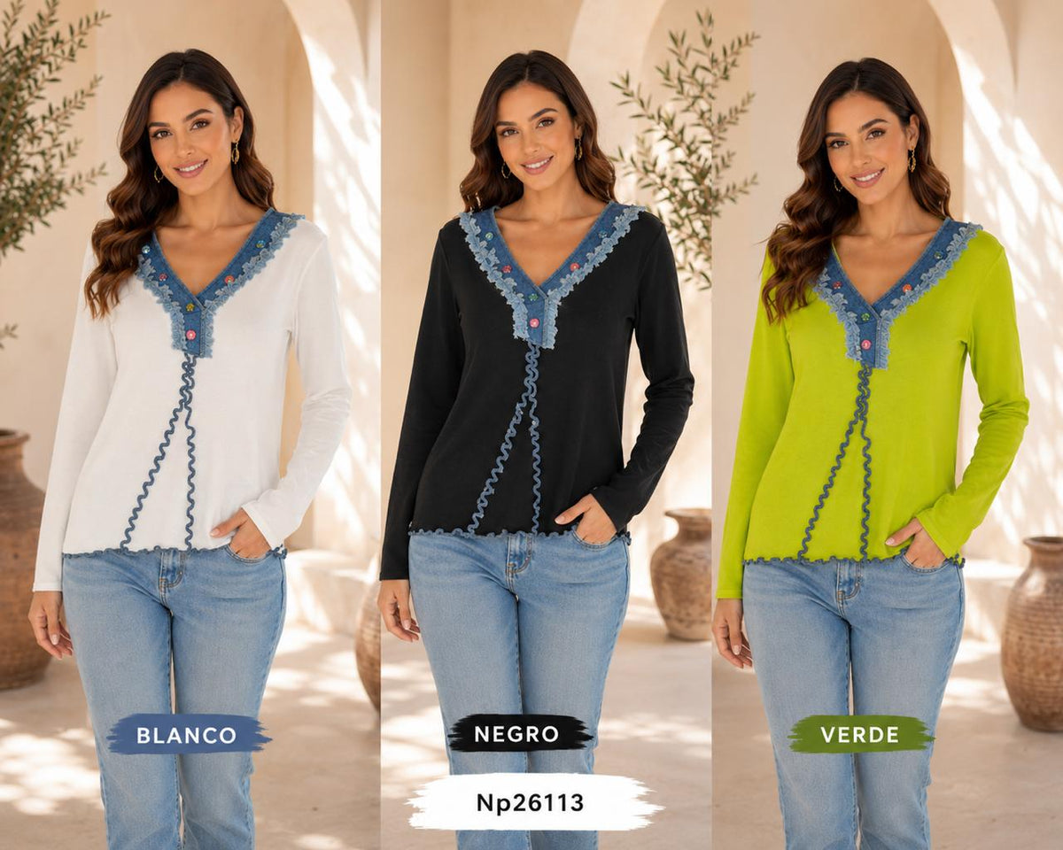 Blusa con cuello de mezclilla y detalles decorativos-NP26113