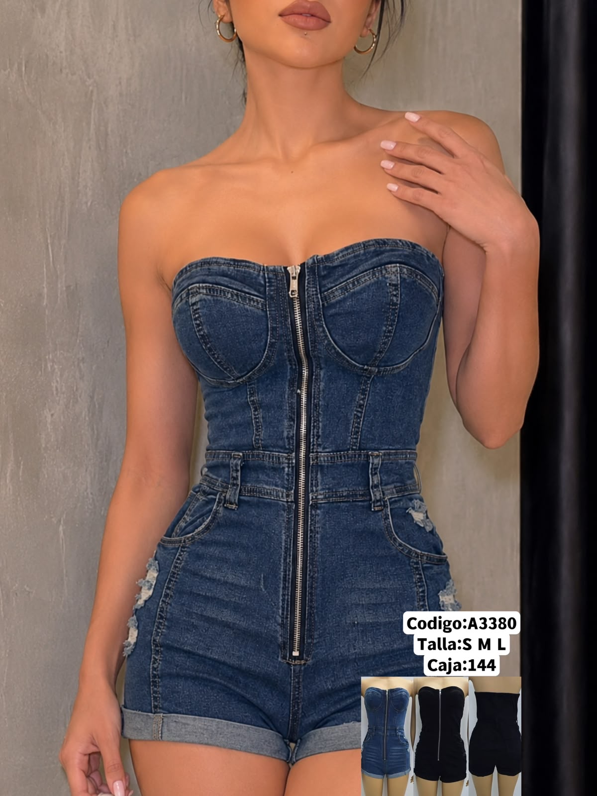 Jumpsuit corto de mezclilla strapless-A3380