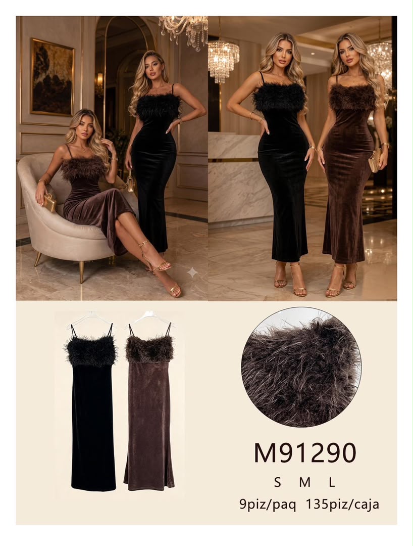 Vestido de terciopelo con detalle de plumas-M91290