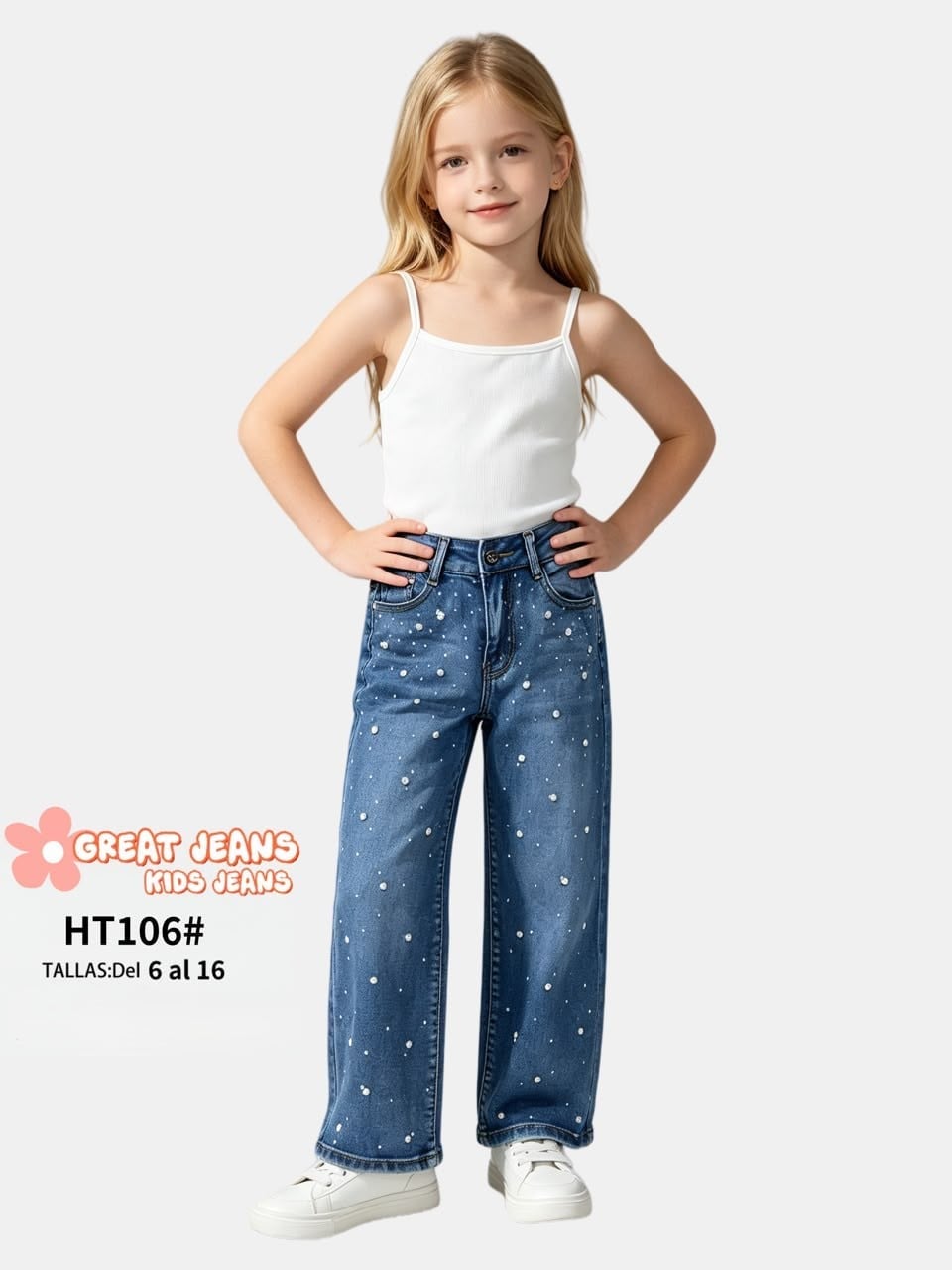 Jeans con perlas para niña-HT106#