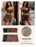 Conjunto de top y falda de imitación piel-M60990