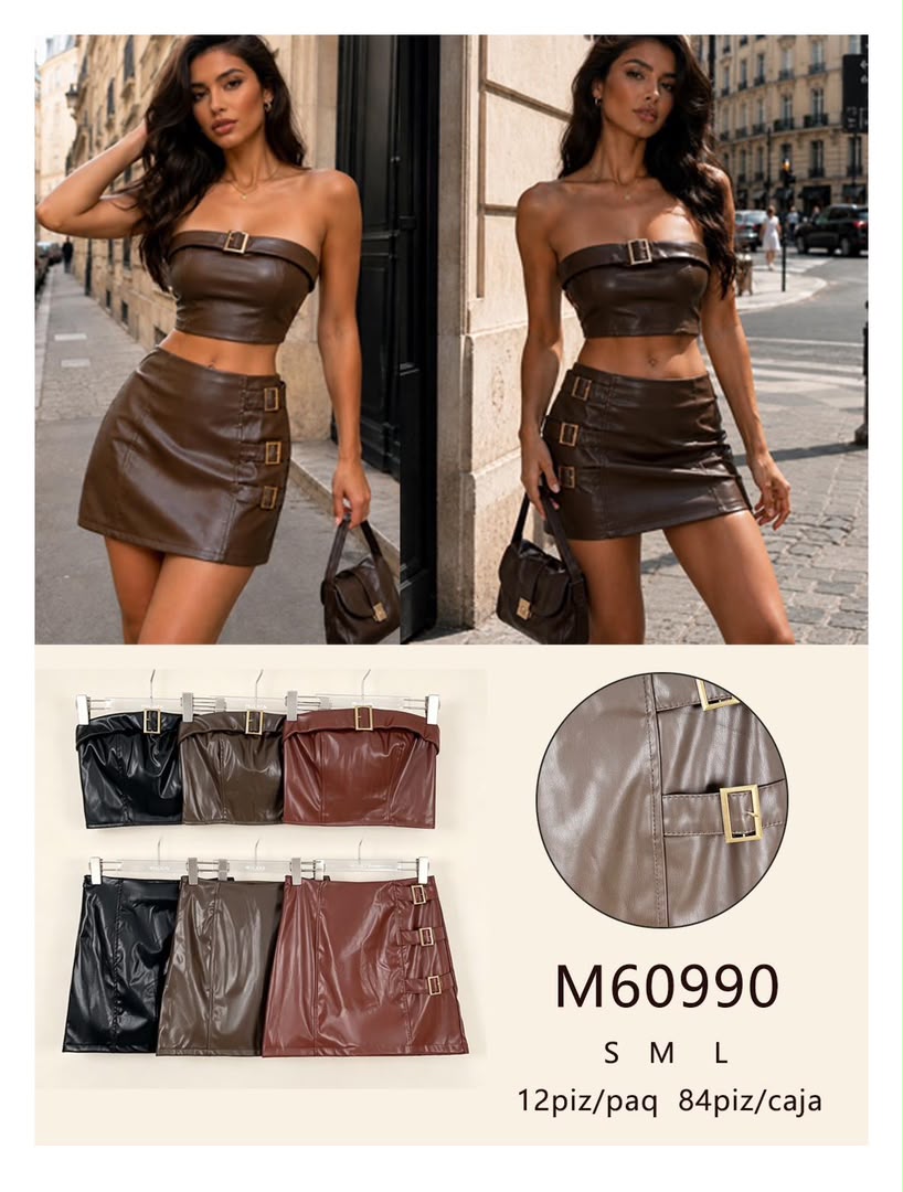 Conjunto de top y falda de imitación piel-M60990
