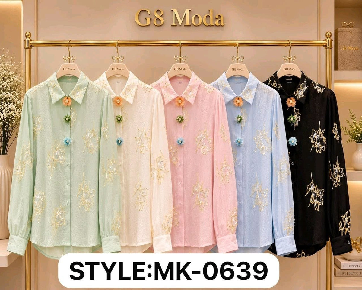 Camisa de manga larga con bordados y detalles florales-BLU-MK-0639