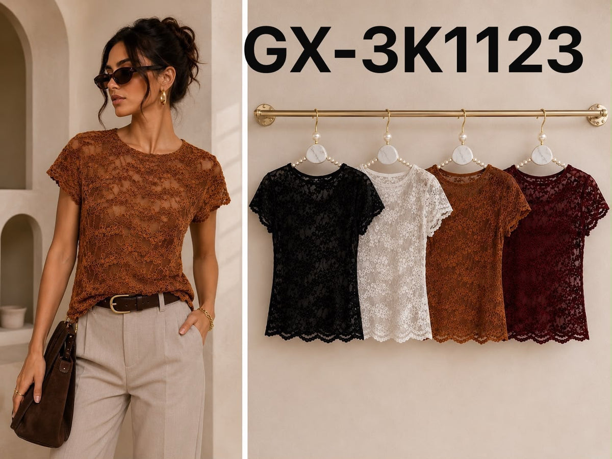 Blusa de encaje de manga corta-BLU-GX-3K1123