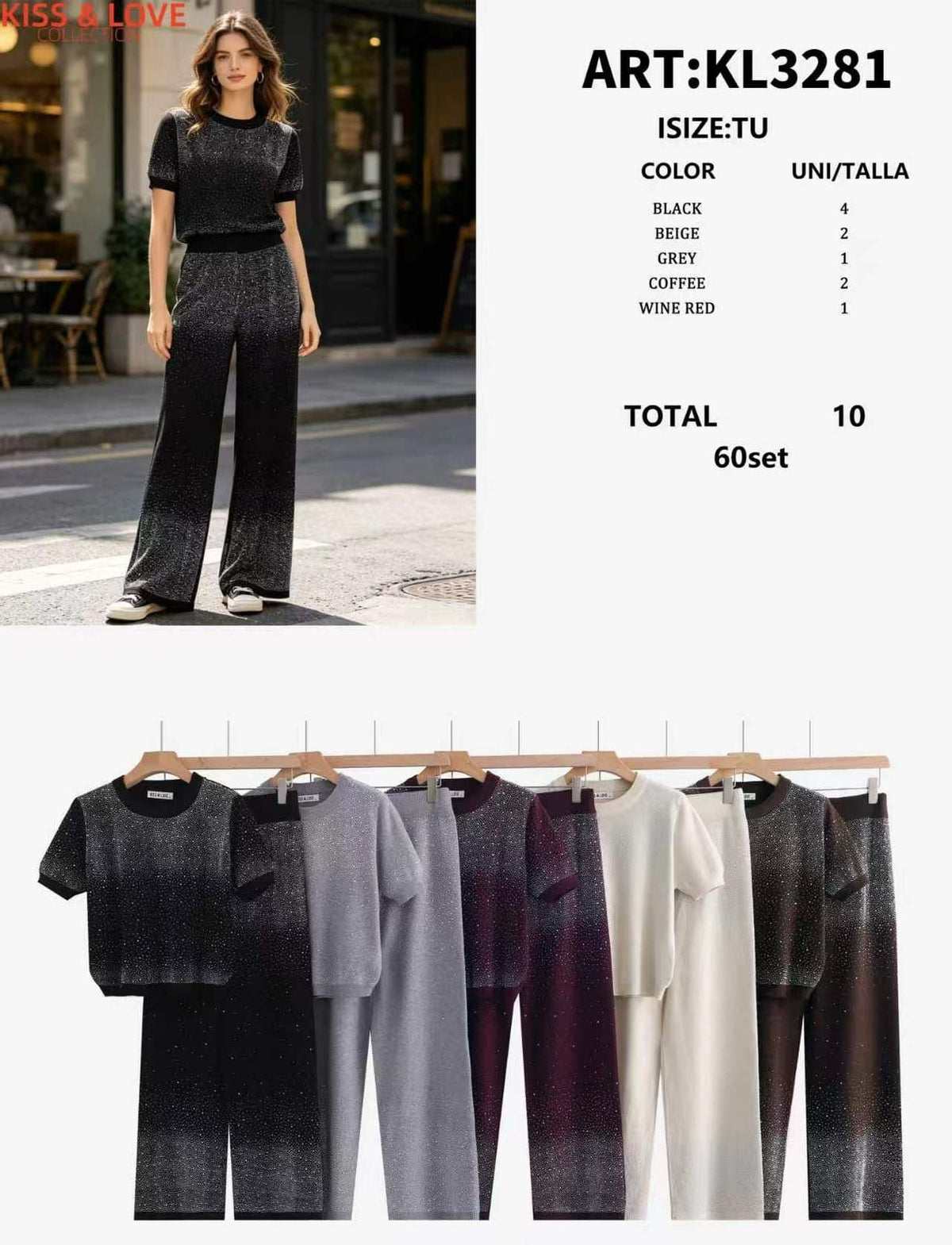 Conjunto de top y pantalón con acabado brillante-KL3281