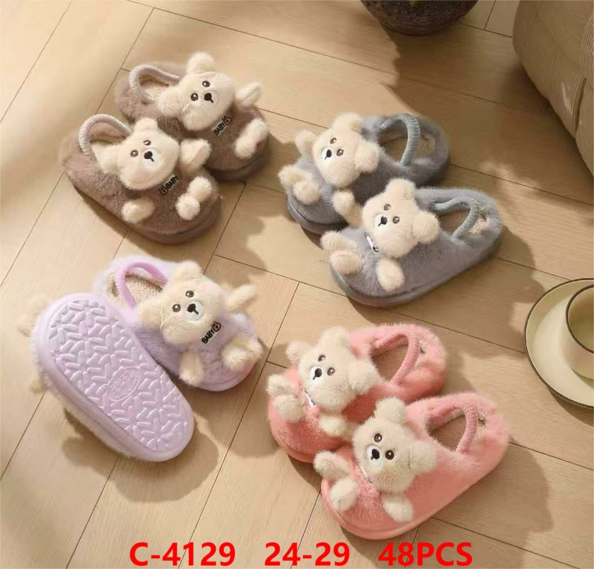 Pantuflas de peluche infantiles con diseño de oso-C-4129