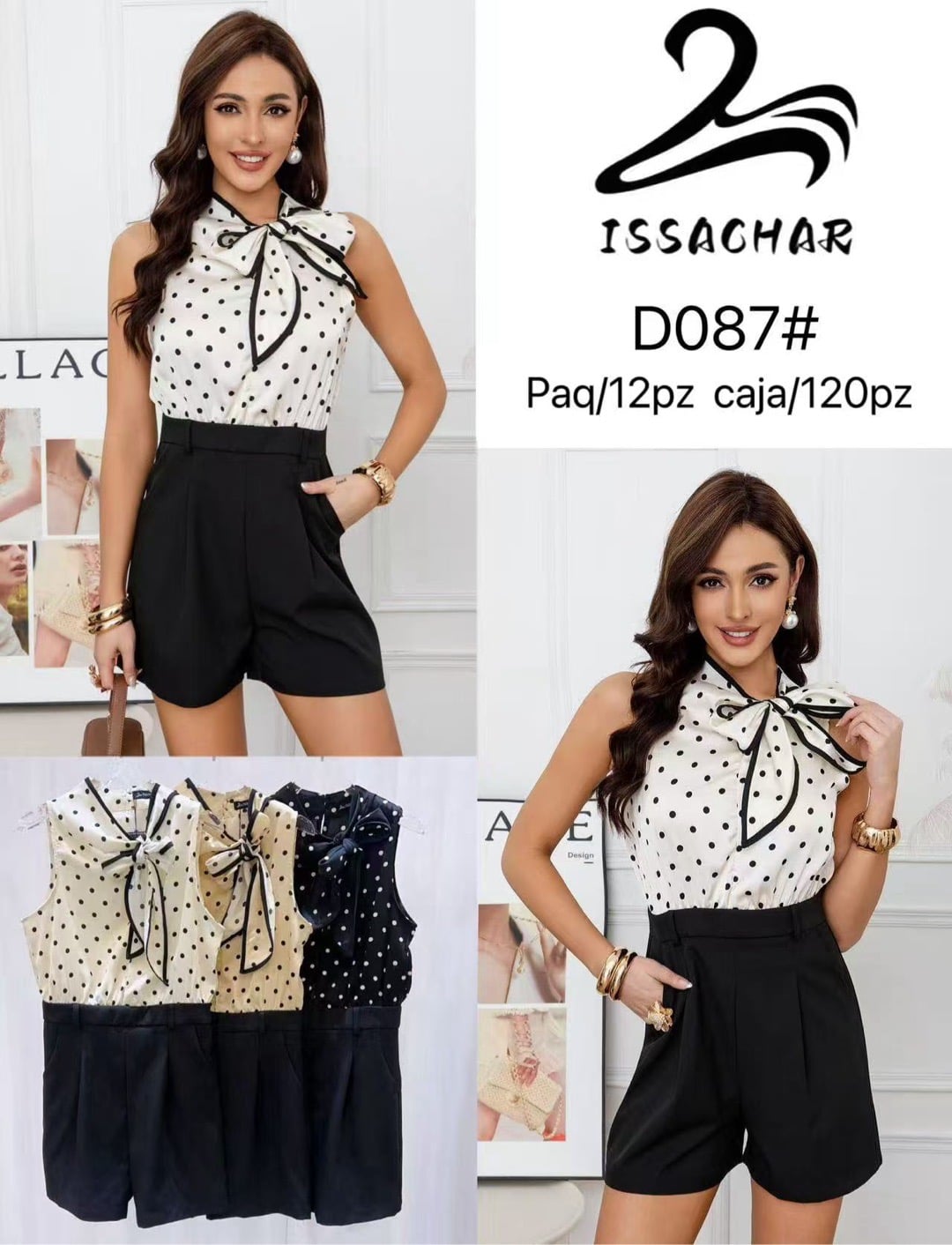 Jumpsuit con lazo y estampado de puntos-D087#