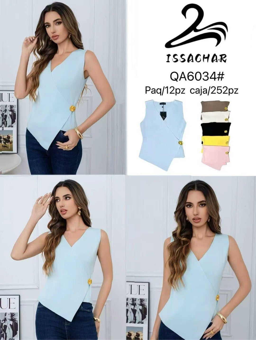 Blusa cruzada sin mangas con botón-QA6034#