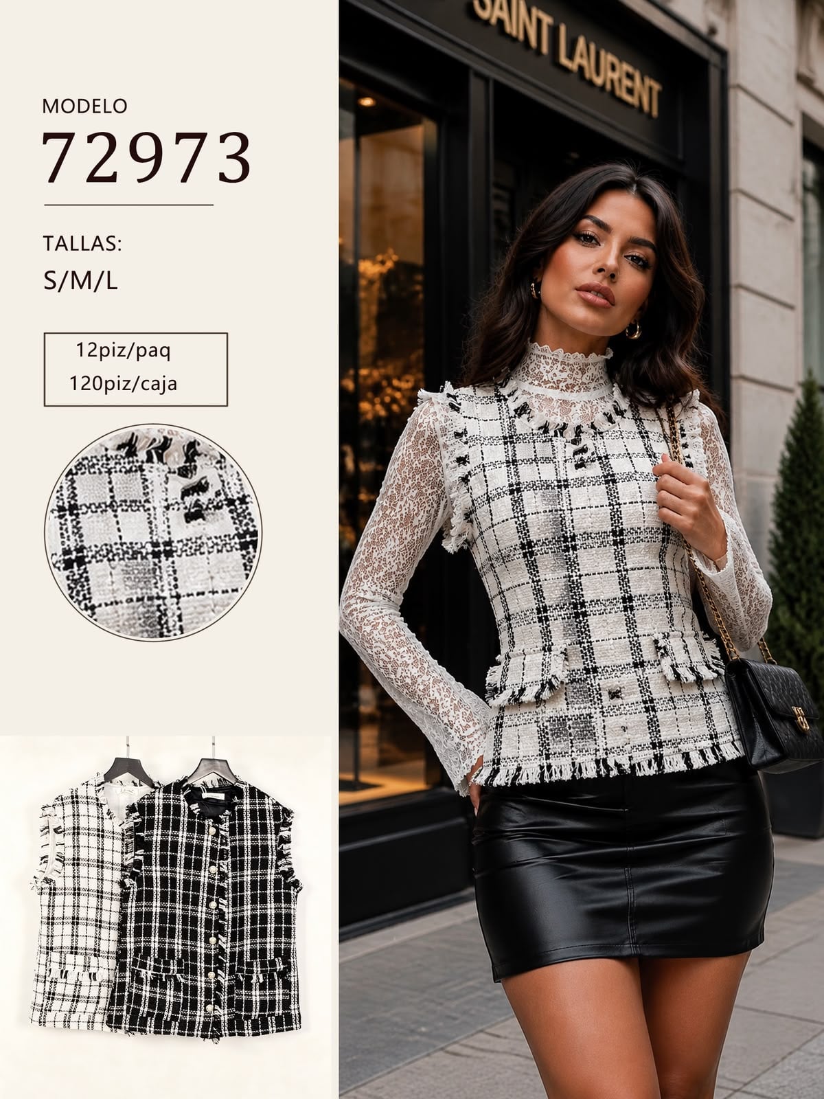 Blusa de encaje con estampado a cuadros-72973