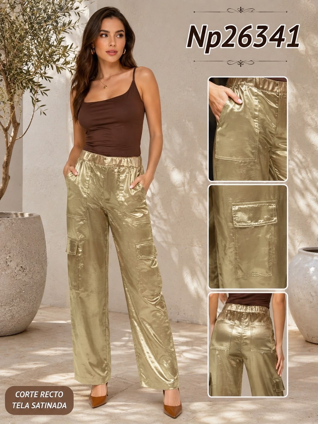 Pantalones cargo de corte recto en tela satinada-NP26341