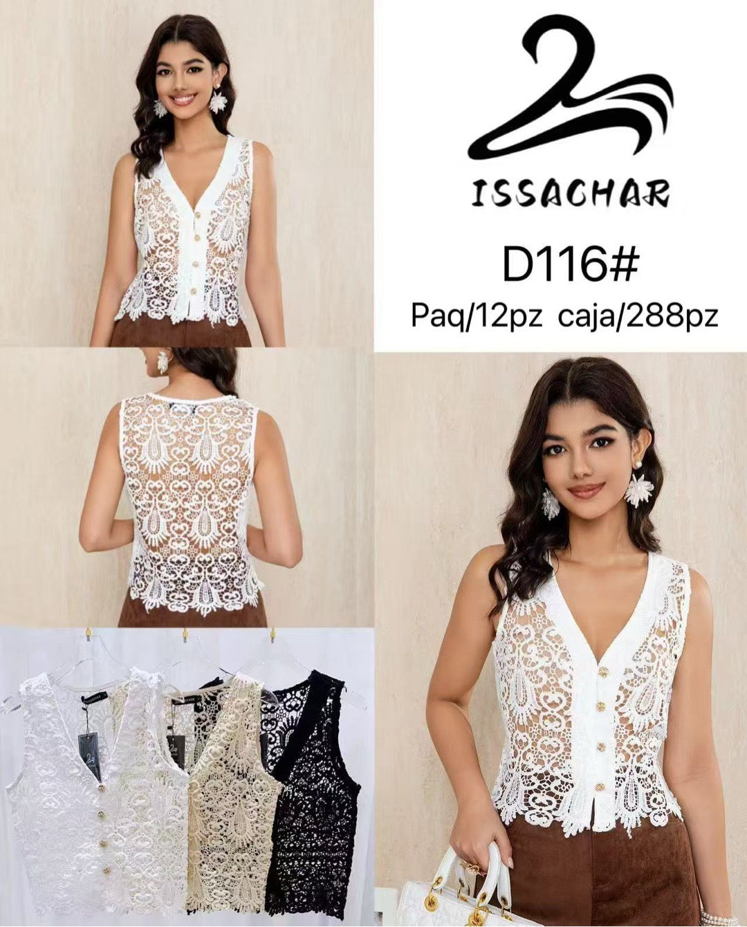 Blusa de encaje con botones-D116#