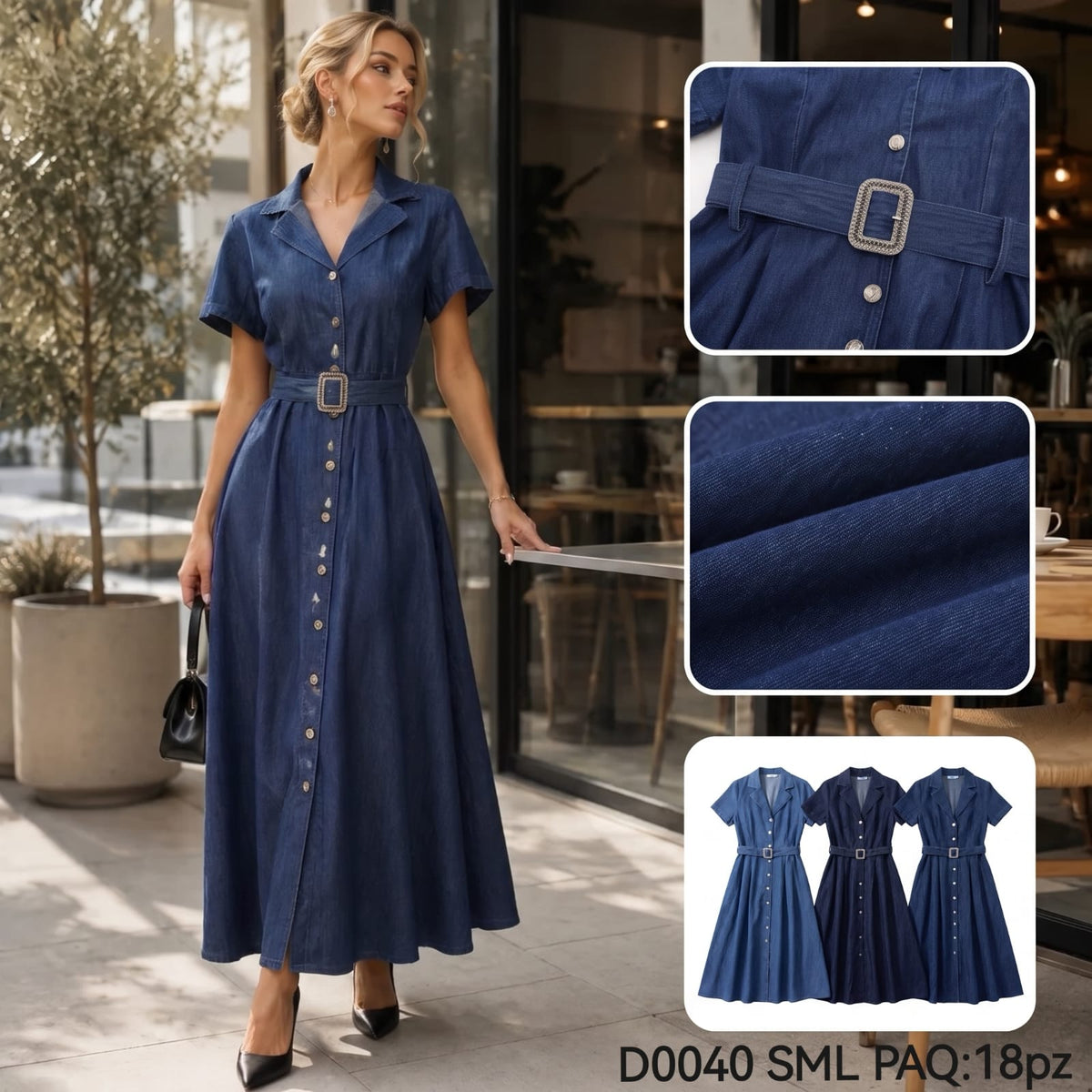 Vestido largo de mezclilla con botones y cinturón-D0040