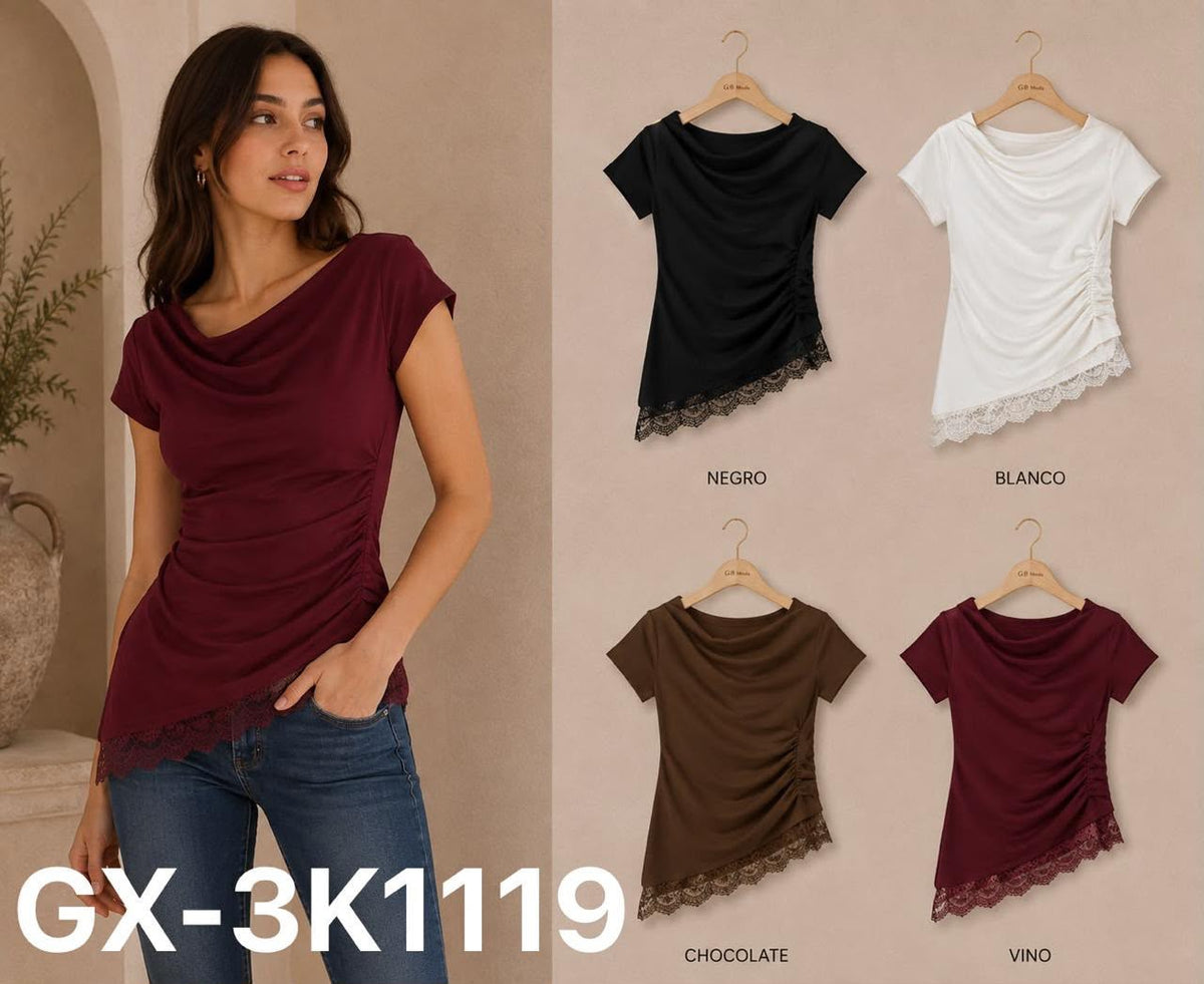 Blusa con detalle de encaje y fruncido lateral-BLU-GX-3K1119