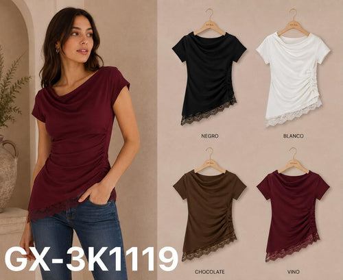 Blusa con detalle de encaje y fruncido lateral-BLU-GX-3K1119