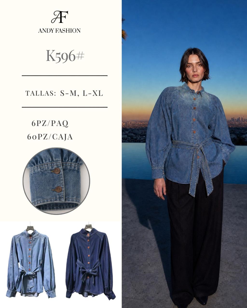 Blusa de mezclilla con cinturón-K596#