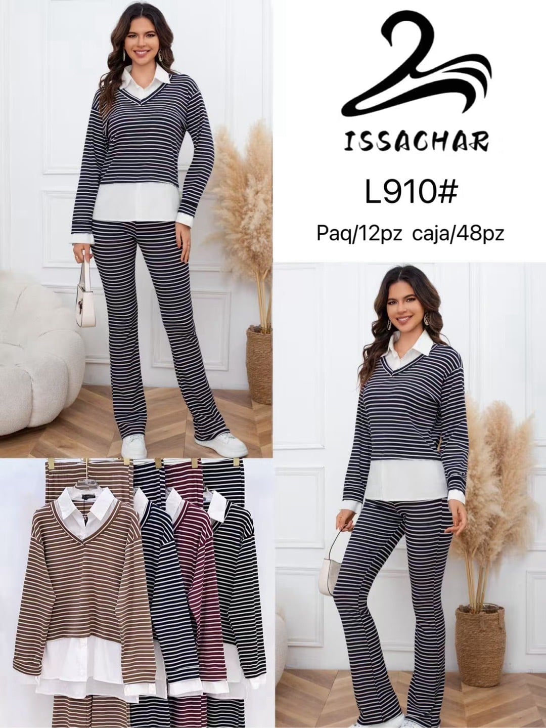 Conjunto de suéter y pantalón a rayas-L910#