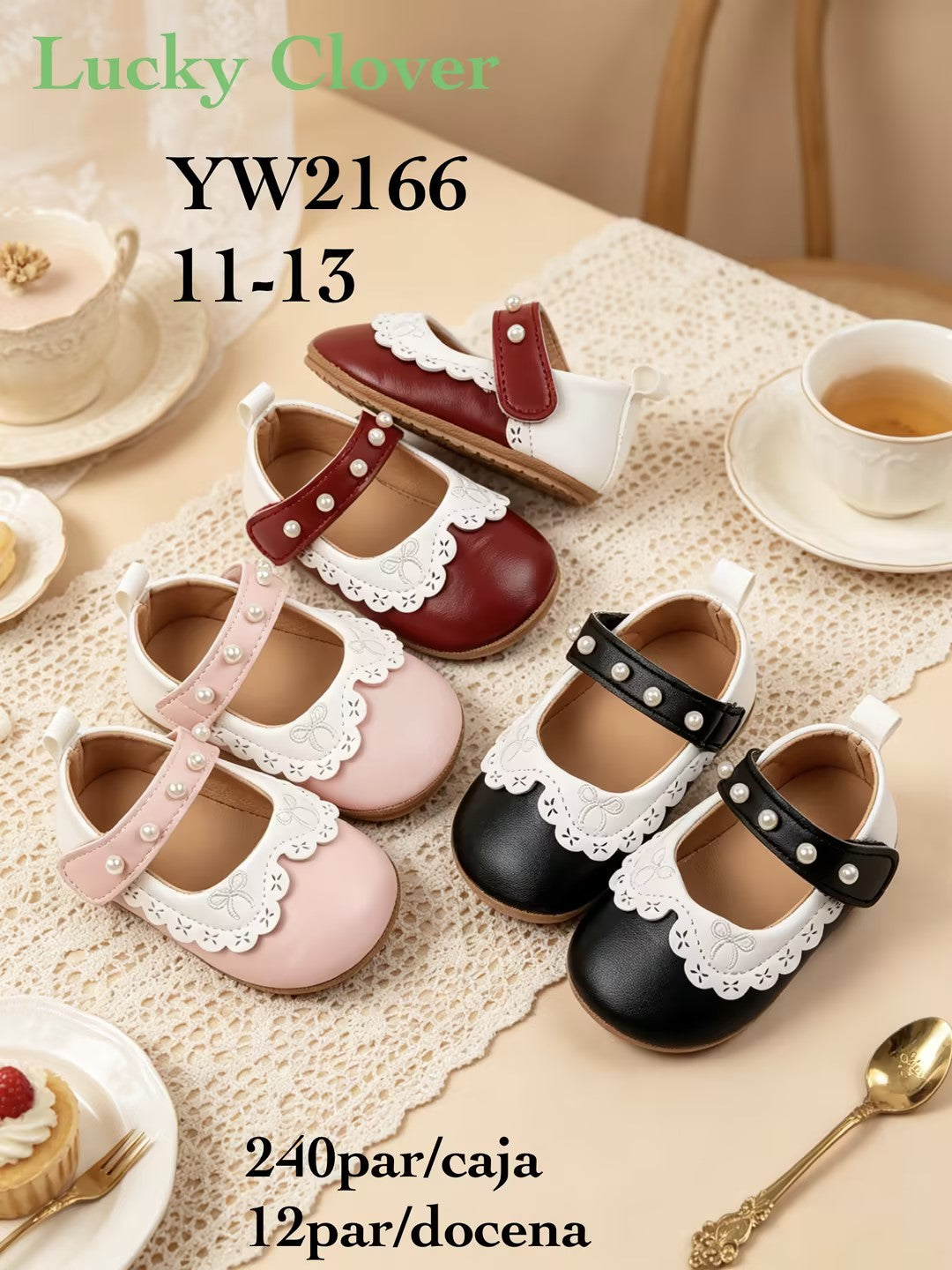 Zapatos de niña con perlas y detalle de encaje-YW2166