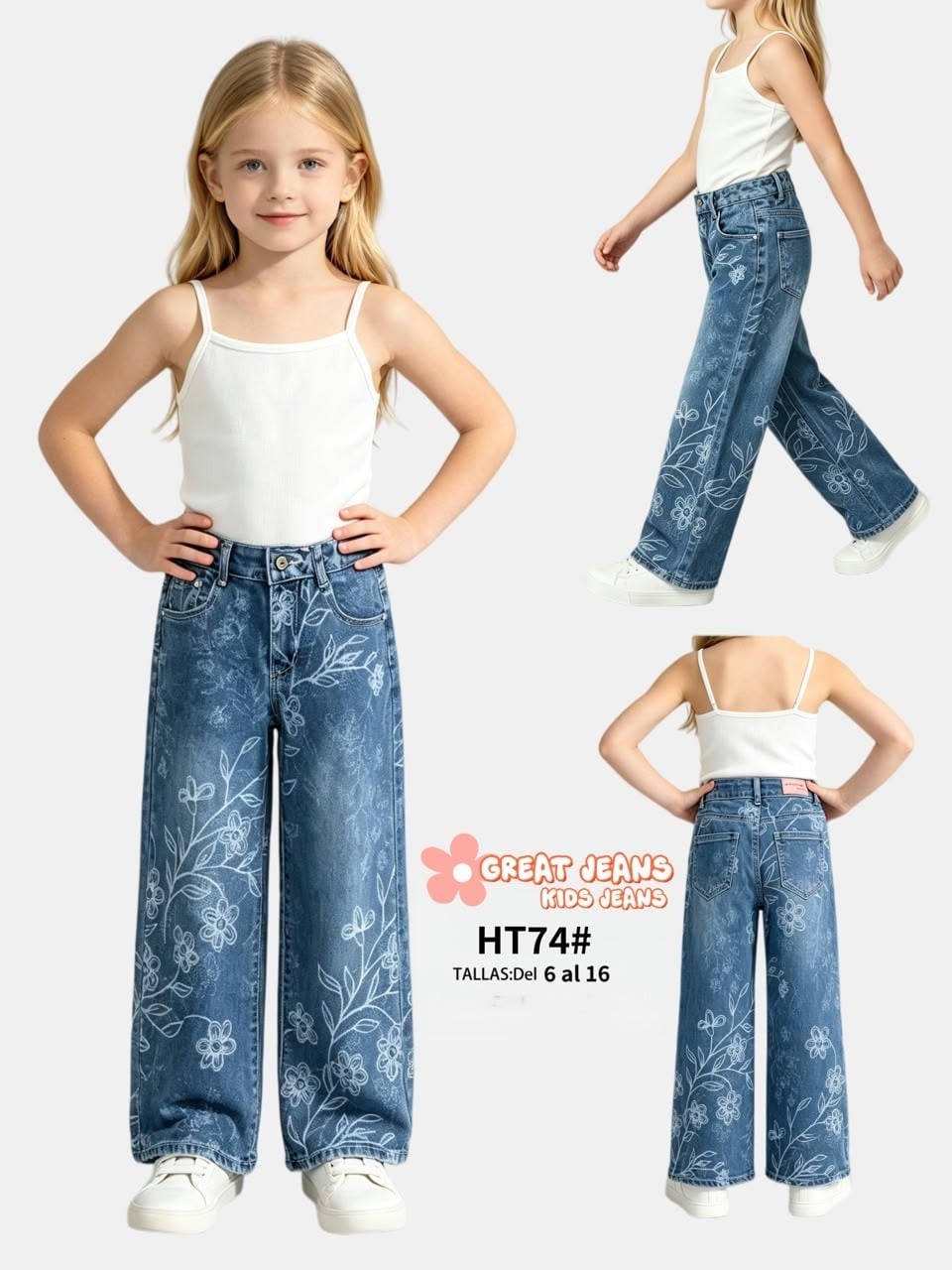 Jeans para niña con estampado floral-HT74#