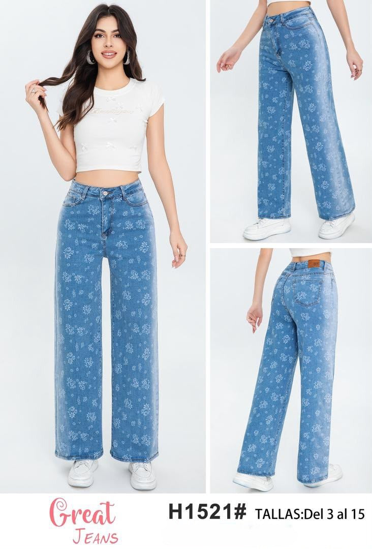 Jeans corte recto con estampado floral-H1521